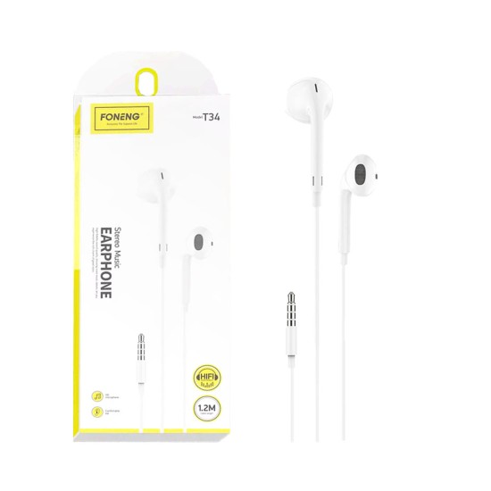 Foneng Wired Earphones T34 with Microphone 3.5mm 1.2M White Foneng Wired Earphones T34 with Microphone 3.5mm 1.2M White